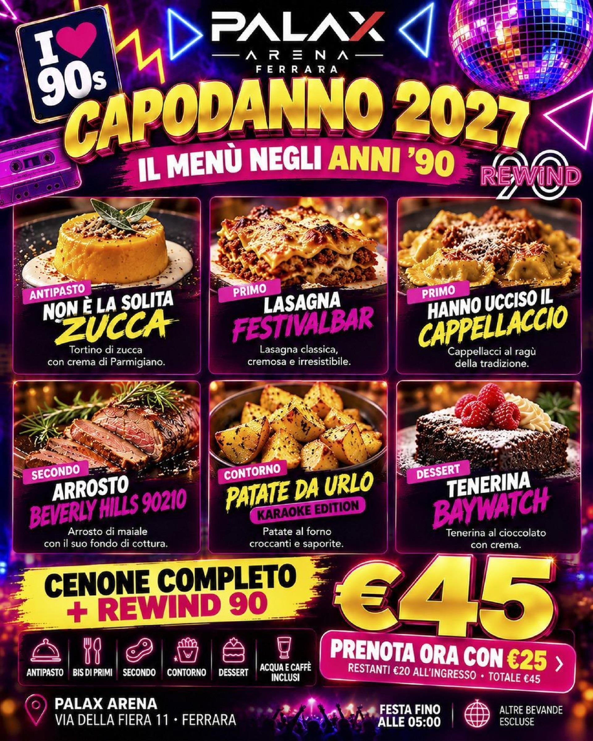 Locandina ufficiale del Capodanno 2027 alla Palax Arena Ferrara con Rewind 90
